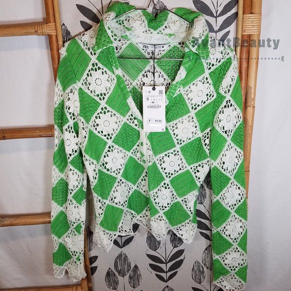 ZARA GREEN CROCHETED TOP SIZE S 2731/291 WHITE SIZE SMALL NWT LONG SLEEVE - Picture 5 of 9